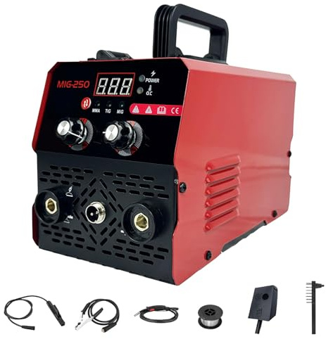 250A Gasloser MIG-Schweißgerät, 3-in-1 MIG/ARC/TIG Schweißmaschine mit LED-Digitalanzeige, Geeignet für Eisen, Kohlenstoffstahl & Verzinkte Bleche
