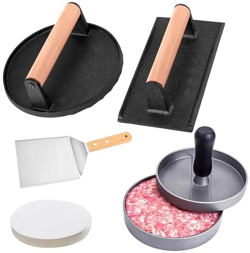 Heavy-Duty Round & Rectangle Cast Iron Smash Burger Press Kit with Spatula, Hamburger Patty Maker, 100 Patty Papers - Non-Stick Tool for Blackstone Grill, Steak, Bacon, Sandwich & Panini