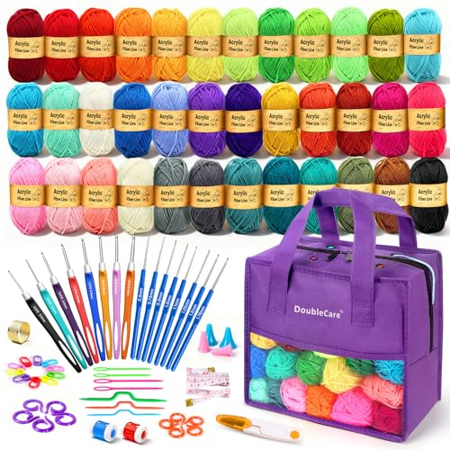 DoubleCare Juego de 90 piezas de ganchillo para principiantes | 1575 yardas en 36 colores, juego de accesorios de ganchillo de 54 piezas, agujas de ganchillo ergonómicas para amigurumi