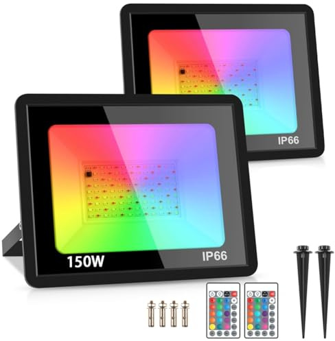 Wzxksoac 2 Pack 220V RGB LED Floodlights Color Changing Landscape Floodlights IP66 Waterproof with Remote for House Garden Yards Stage 150W