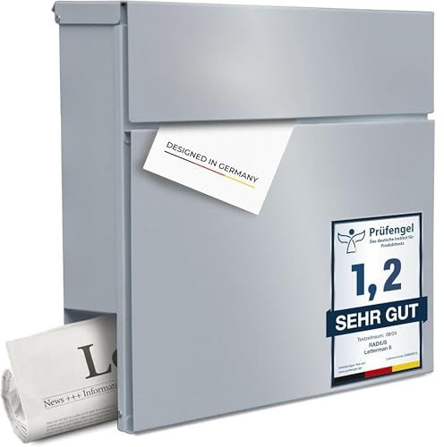 Radius Designer Briefkasten Letterman 6 Basic Silber - wetterfester pulverbeschichteter Stahl - mit Zeitungsfach - inkl. Montageset - 10 Jahre Funktions- & Korrosionsgarantie
