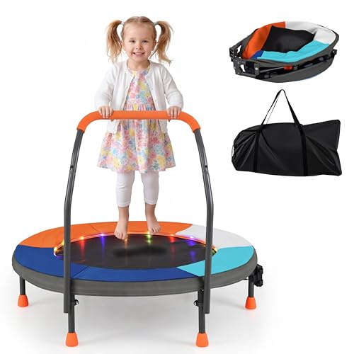 COSTWAY Ø90 cm Kinder Trampolin, Minitrampolin faltbar mit LED Beleuchtung, Fitness Trampolin Indoor mit Griff & Tragetasche, Gartentrampolin klein für Kinder ab 3 Jahren (Dunkelblau)