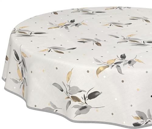 Wachstuchtischdecke Tischdecke abwaschbar Wachstischdecke pflegeleicht wasserabweisend Lotuseffekt Gartentischdecke Silberblat Rund 140 cm mit Saum (Eingefasst)