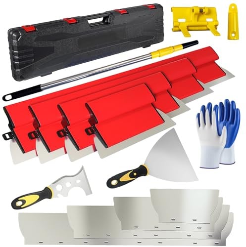 14 PCS Flächenspachtel Set Profi, 25/40/60/80 cm Spachtel Set mit 0,35 & 0,5 mm Edelstahlklingen, Teleskopstange 1,28 m & Koffer für Trockenbau, Glättkelle Set mit Handschuhen und Spachteln