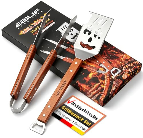 Ezilif 7-in-1 Grillbesteck Set mit Grillspachtel und Grillzange Edelstahl | Grill Zubehör mit Holzgriff für Gasgrill, Grillzubehör Männer Geschenk, Grill Geschenke zum Geburtstag für Männer/Papa/Frauen