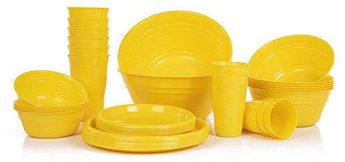 Mintra Set de vaisselle complet 38 Pièces Plastique Incassable Réutilisable Snacks Salades Desserts Boissons Assiettes Gobelets Bols Fête Anniversaire Micro-Ondes/Lave-Vaisselle - Jaune