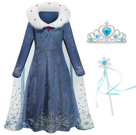 Foierp Mädchen Elsa Anna Kostüme - Kostüm mit Feenstab und Krone Tiara für Hochzeit/Party/Cosplay Winter Langarm Pelzkragen Prinzessin Klei