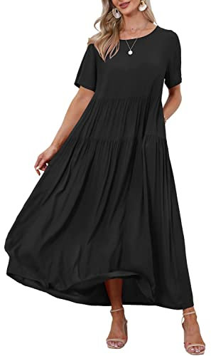 YESNO Women Dresses Casual Plus Size Bohemian Short Sleeve Floral Long Maxi Summer Beach Swing Dress/Pockets 3XL EJFUK Black