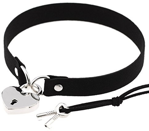 CHERISH Heart Padlock Choker Necklace Gothic Punk Collar Rock Leather Necklace with Key (Black)