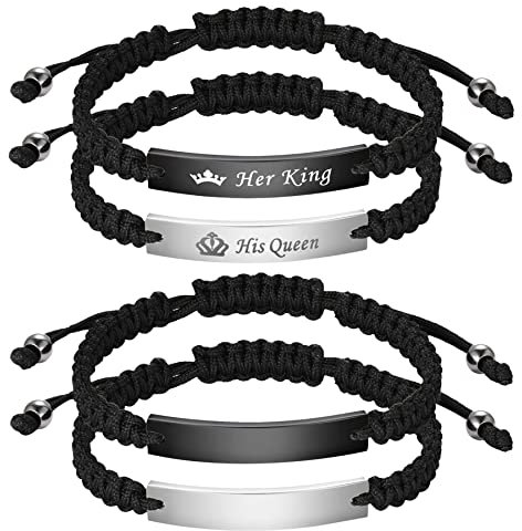 JewelryWe Schmuck 4pcs Pärchen Armband Lederarmband mit Her King His Queen Hochglanz Poliert Edelstahl Leder geflochten Partnerarmband Freundschaftsarmband Paar Armreifen Verstellbar Schwarz Silber