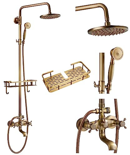 gotonovo Exposed Bathroom Shower Faucet Wall Mounted Outdoor Shower System 8 Inch Shower Head and Tub Spout Double Cross Handles Adjustable Handheld Sprayer with Shower Shelf Antique Brass
