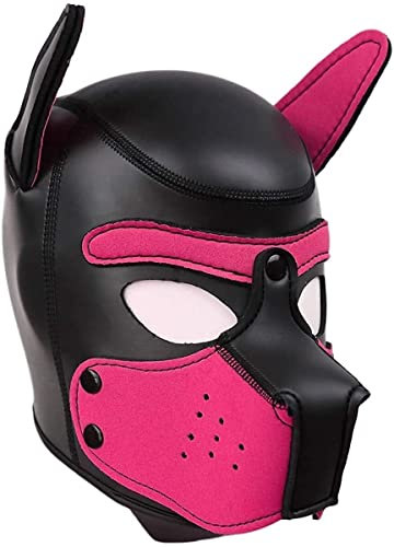YiQin RWSX Hundemaske, Weiche Latex Petplay Hundemaske mit Ohren Welpenmaske Hunde Masken, Abnehmbarer Mund, Geeignet für Halloween, Urlaubsparty (Large, Pink)