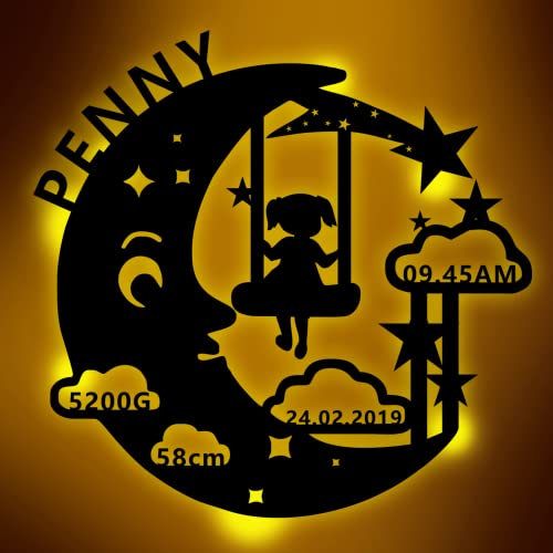 zouwii Schlummerlicht Personalisiert | Nachtlicht Geschenk Für Baby Und Kind Wandlampe Aus Holz Für Jungen Und Mädchen Mondschaukel Mit Geburtsdaten Personalisiertes Geburtstagsgeschenk