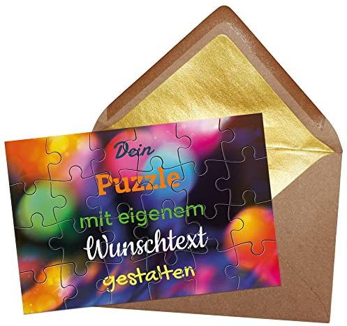 Puzzle selbst gestalten mit Text - 24 Teile Puzzle Personalisieren mit Wunschtext, inkl. Briefumschlag mit Gold-Inlay | Hintergrund Bunter Bokeh-Effekt