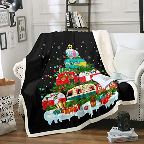 Weihnachten Decke 150x200 Kinder Happy Camping Fleece Decke Karikatur Camper Autos Auf Weihnachten Baum Fuzzy Decke Geschenke für Jungen Mädchenurlaub Sherpa Decke Neujahr Zimmer Dekor Rot Schwarz
