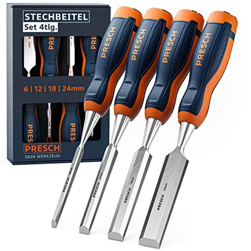 Presch Set di scalpelli per legno 4pz. - Completamente affilati per un utilizzo immediato (6, 12, 18, 24mm) - Con angolo di taglio a 25° e robusta capocchia in metallo