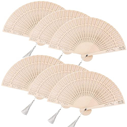 6 PCS Wooden Folding Fan, Sandalwood Fan Decorative Hollow Fan Wooden Fans Vintage Folding Handheld Fan Wooden Wedding Fan Ornament Chinese Fan Wood Hand Fans with Tassels for Women Folding Wedding