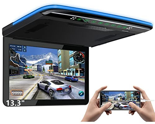 XTRONS 13.3 Inch Android Car Overhead Player Wide IPS Screen Car Roof Mount Monitor with Built-in Stereo Speakers Flip Down Overhead Car Monitor Support 8K Video, Bluetooth, WiFi, HDMI, USB, FM, IR