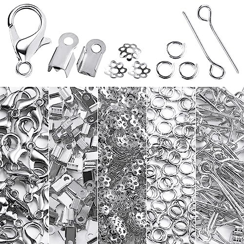ALEXCRAFT 1250 Stück Schmuckherstellung Zubehör Set Inklusive Silber Kettenverschluss Armband Verschluss Lobster Clasp Open Jump Rings für DIY Anfänger Armband Schmuckherstellung