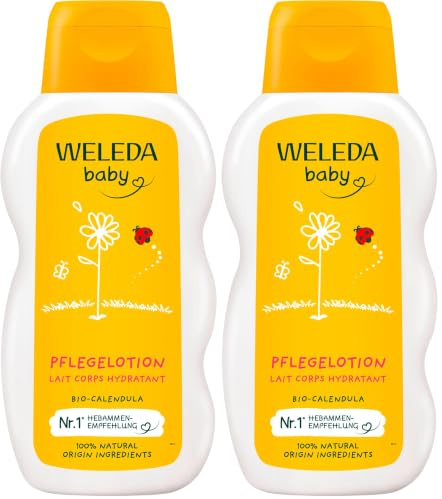 WELEDA Bio Baby Calendula Pflegemilch, Naturkosmetik Körpermilch zur Pflege und Reinigung von trockener Haut, Pflegelotion für Babys und Kleinkinder (1 x 200 ml) (Packung mit 2)