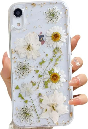 LSEEKA for iPhone XR Clear Case with Pressed Real Flowers Design,Glitter Cute White Floral Pattern Slim Soft TPU Protective Women Girl's Phone Cover for iPhone XR