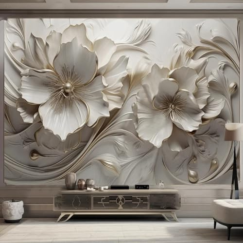 KoKoty Papier peint Panoramique Luxe léger blanc floral en relief-300 x 250 cm-Papier Peint Soie pour Chambre Salon Personnalisé Décoration Murale
