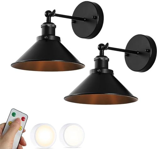 SWEMOPP Battery Operated Black Industrial Wall Sconce Set of 2 Farmhouse Wireless Battery Powered Wall Light with Remote LED Bulb Vintage Bedside Wall Lamp for Bedroom Living Room Headboard