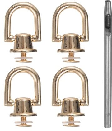 sourcing map 4pcs Metal Studs Rivets 6.6mm D-Ring Button Rivets with 3.5mm Leather Hole Punch for Leather Craft, Gold Tone
