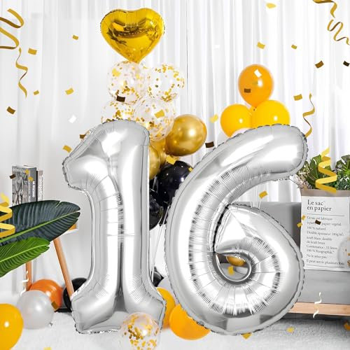 Geburtstag zahlen luftballon 16 jahre | Silber Folienballon 16 XXL -Riesen Folienballon in 40 - 101cm Geburtstagsdeko - Ballon Zahl Deko zum Geburtstag .Fliegt mit Helium