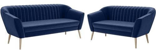 MEBLINI Mini Sofa Set 3-2 für Wohnzimmer - Mini Lounge für fünf Personen - Küchensofa - Sofa Klein - Sitzgarnitur - Polstergarnitur - Sofagarnituren - KAIA - 3+2 - Blau Samt