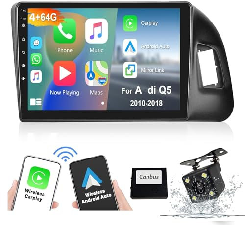 HXSQcar 8-Core [4G + 64G] Android 14 Car Radio Navi para A-UDI Q5 (2010-2018) 9 Pantalla de Radio con Carplay Auto Android Navegación GPS con Bluetooth HiFi FM 5G-WiFi SWC Mic + 4 led cámara