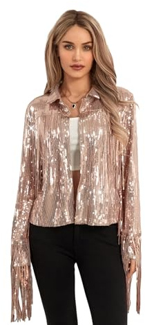 L&ieserram Veste à paillettes à manches longues ouverte sur le devant pour femme, rose gold, M