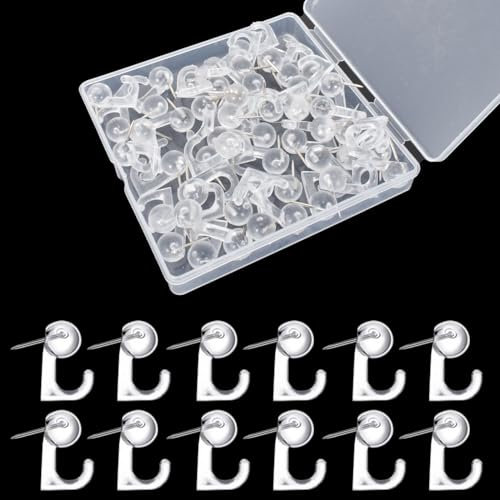 Push Pin Hooks, Pack of 50 Drawing Pins, Thumbtacks Hooks, Plastic Heads, Pin Tacks, Pin Hangers, for Wall Board, Picture, Photo, Card, Office, Home, School Supplies (Transparent)