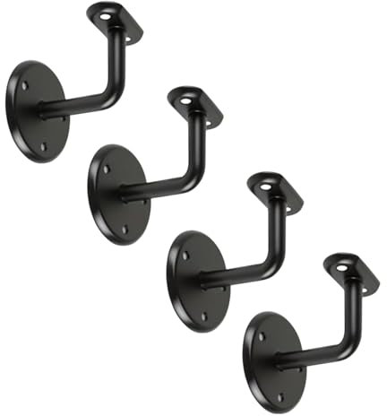 Black Steel Handrail Brackets for Wooden Bannister Wall Mountable, Pack of 4 Heavy Duty