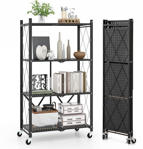 COSTWAY Schwerlastregal klappbar, 4 Ebenen Standregal mit feststellbaren Rädern, Küchenregal mit Metallrahmen, Klappregal Lagerregal für Küche, Büro, Schwarz, 71 x 34 x 126 cm