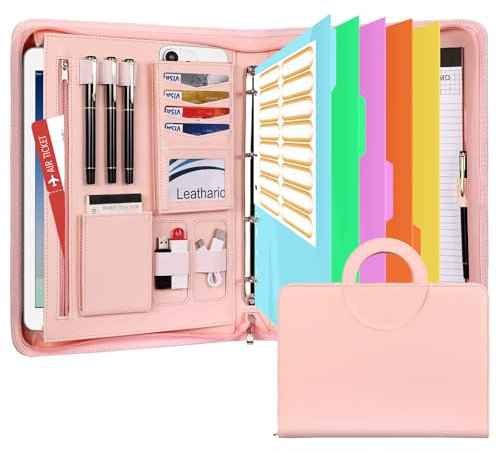 Leathario Cartella Portadocumenti A4 in pelle vegana, con Maniglia, Quaderno, Portadocumenti con Portablocco Raccoglitore ad Anelli, Protezioni Colorate per Fogliper Colloqui, Viaggi,Riunioni