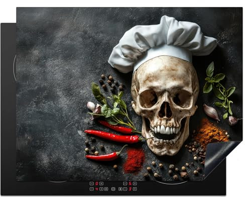 KitchenYeah© Herdabdeckplatte 77x59 cm Induktion Schutzmatte Küche Herdabdeckung Ceranfeld Induktionsmatte Cerankochfeld Abdeckung Skelett - Kräuter - Schädel - Koch