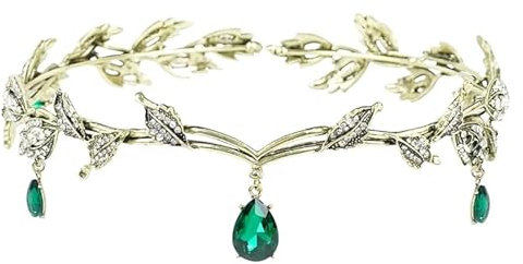 DENUOTOP Elfen Kopfschmuck, Tiara Blatt, Kristall Stirnband Damen, Prinzessin Haar Accessoire Hochzeits Vintage Deko, Krone Kopfstück für Frauen Mädchen Braut Brautjungfern (Diameter 15cm) (Grün)