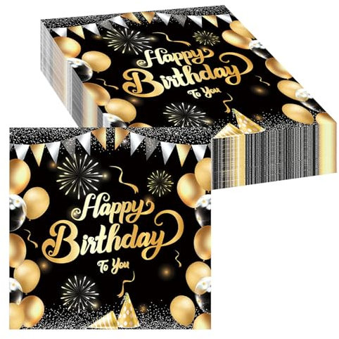 20 Stück Servietten Happy Birthday, Servietten Schwarz Gold Servietten Geburtstag Tischdeko, 33x33cm Servietten Mann Frau für Party Deko Tischdeko Geburtstag
