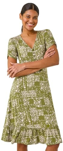 Roman Originals Swing Tea Dress Women UK Ladies Skater Midi A Line Fit & Flare Summer Casual Smart Cocktail Party Going Out Work Cruise Button Through Long Pocket - Floral Khaki - Size 10