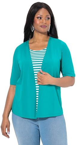 Ulla Popken Damen große Größen Übergrößen Plus Size 2-in-1-Shirt, Shirt mit Jacke, Ringel, Halbarm grünblau 58+ 828992460-58+