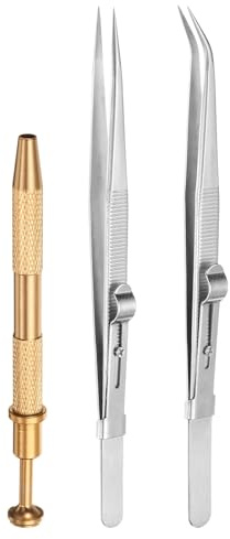sourcing map 3pcs Diamond Tweezer Holder Pick Up Tool Set Stainless Steel 4 Claw Holder Straight/Elbow Head Jewelry Locking Tweezer for Tiny Objects Electronic Components, Silver/Gold