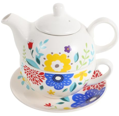 Ensemble de Théière en Céramique 1 Set, Théière 480ml avec Tasses | Service à Thé Céramique, Tasse à Thé 350ml, Plateau et Soucoupe Inclus, pour Hôtel et Pique-niques