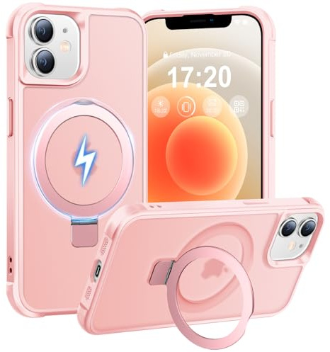 BENTIACC Handyhülle für iPhone 12/12 Pro Hülle, mit Unsichtbarer Magnetisch Ring Ständer, Mil-Grade Drop Shockproof Anti-Scratch Anti-Fingerabdruck Anti-Rutsch Transluzente Matte Case (Pink)