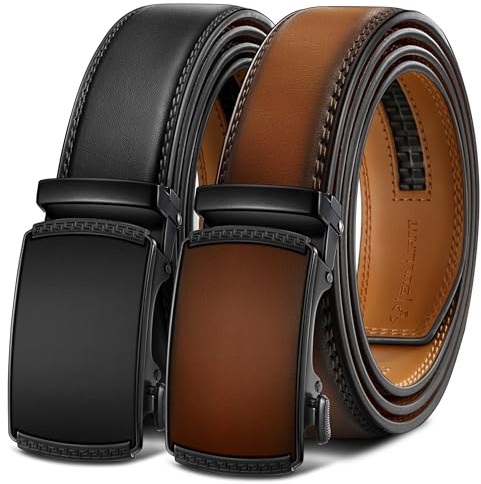 KEMISANT Gürtel Herren 2er, Gürtel Ratsche Automatikschließe Ledergürtel für Herren Verstellbar 35mm Breit mit Geschenkbox(Schwarz/Hellbraun,120cm/34-40 taille verstellbar)