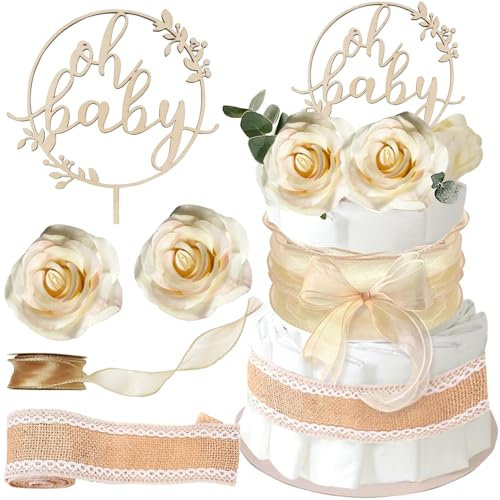 JAHEMU Oh Baby Windel Tortendeko Babydusche Boho Windeltorte Jungen & Mädchen Kuchen Dekoration Baby Shower Gender Reveal Party Geschenke