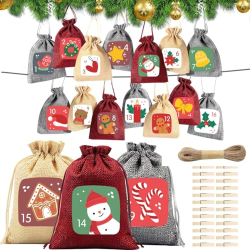 24 Adventskalender Zum Befüllen, 18 x 13 cm Jutesäckchen | Groß Adventskalender 2026 für Erwachsene, Tüten Weihnachtskalender Selbst Befüllen für DIY Weihnachtsdeko