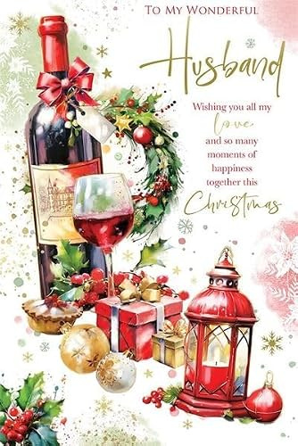 Weihnachtskarte für Ehemann, romantische Luxus-Feiertags-Grußkarte, Wein- und Geschenk-Design mit festlicher Botschaft