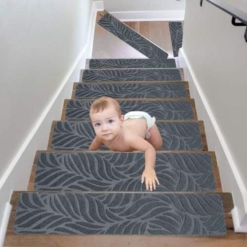 15Pcs Treppenstufen Matten 76X20cm, Stufenmatten Selbstklebend Anti-Rutsch Treppe Stufenmatten Innen,Maschinenwaschbar, 100% Polyester, TPE -Rücken, Stufenschutz Stufenteppich für Kinder Hunde (yz)