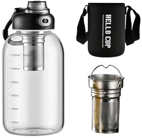 1 Liter Glasflasche, Trinkflasche Glas Bruchsicher, Teekanne mit Sieb, Trinkflasche Glas, mit Skala auf Dem Flaschenkörper, 360°Auslaufsicher, die Beste Wahl für Teeliebhaber, Tragbare Glasflasche